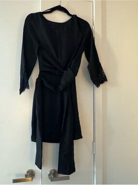 Zara Black Long-Sleeve Tie-Front Dress with Lace Cuffs